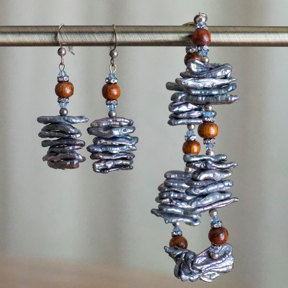Martin & MacArthur Koa Wood Grey Keshi Pearl Jewelry Set Bracelet Earrings Kauai